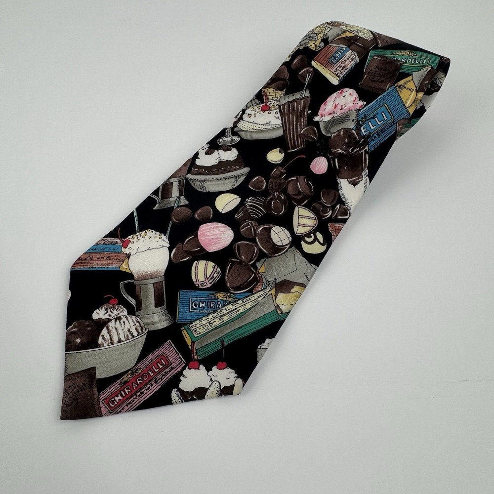 VTG Nicole Miller Ghirardelli Chocolate Novelty Tie Silk Dessert 1995